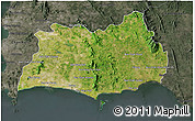 Satellite 3D Map of Rayong, darken, semi-desaturated