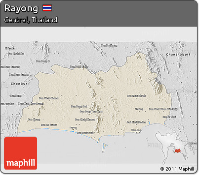 Shaded Relief 3D Map of Rayong, desaturated