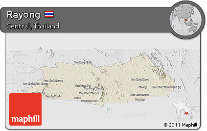 Shaded Relief Panoramic Map of Rayong, lighten, desaturated