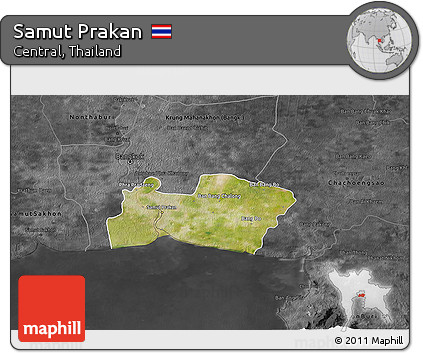 Satellite 3D Map of Samut Prakan, darken, desaturated