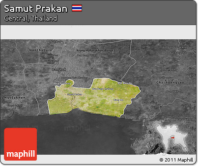 Satellite 3D Map of Samut Prakan, darken, desaturated