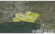 Satellite 3D Map of Samut Prakan, darken, semi-desaturated