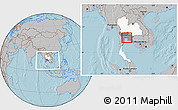 Gray Location Map of Samut Prakan, highlighted country, highlighted parent region, within the entire country, hill shading