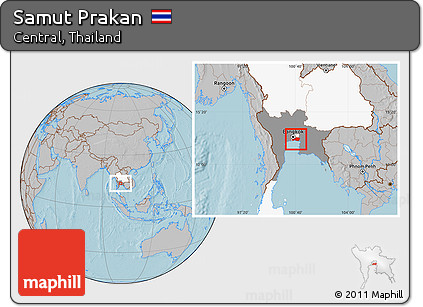 Gray Location Map of Samut Prakan, highlighted country, highlighted parent region, hill shading