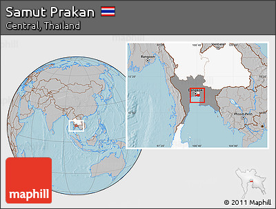 Gray Location Map of Samut Prakan, highlighted country, highlighted parent region, hill shading