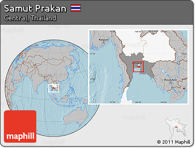 Gray Location Map of Samut Prakan, highlighted country, highlighted parent region, hill shading