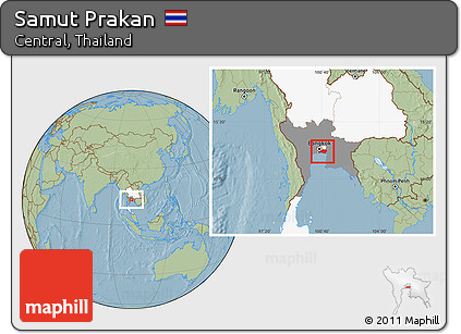 Savanna Style Location Map of Samut Prakan, highlighted country, highlighted parent region, hill shading