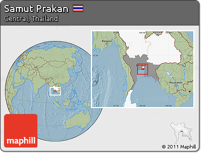 Savanna Style Location Map of Samut Prakan, highlighted country, highlighted parent region, hill shading