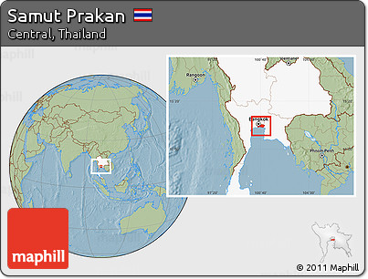 Savanna Style Location Map of Samut Prakan, highlighted country, hill shading