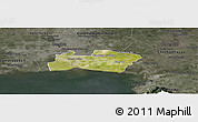 Satellite Panoramic Map of Samut Prakan, darken, semi-desaturated