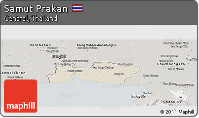 Shaded Relief Panoramic Map of Samut Prakan, semi-desaturated