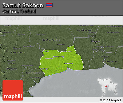 Physical 3D Map of Samut Sakhon, darken, semi-desaturated