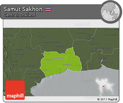 Physical 3D Map of Samut Sakhon, darken, semi-desaturated