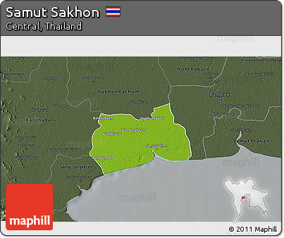 Physical 3D Map of Samut Sakhon, darken, semi-desaturated