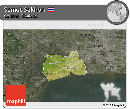 Satellite 3D Map of Samut Sakhon, darken, semi-desaturated