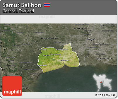 Satellite 3D Map of Samut Sakhon, darken, semi-desaturated
