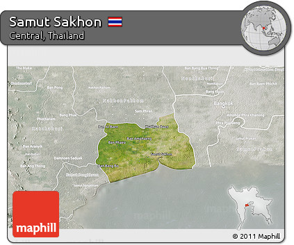 Satellite 3D Map of Samut Sakhon, lighten, semi-desaturated