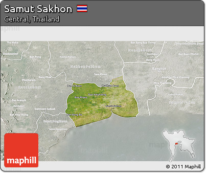 Satellite 3D Map of Samut Sakhon, lighten, semi-desaturated
