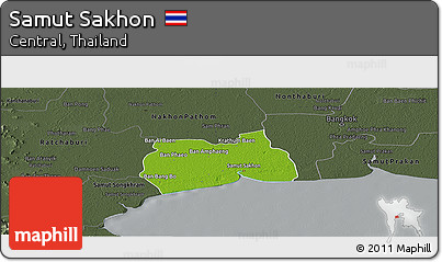 Physical Panoramic Map of Samut Sakhon, darken, semi-desaturated