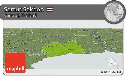 Physical Panoramic Map of Samut Sakhon, semi-desaturated