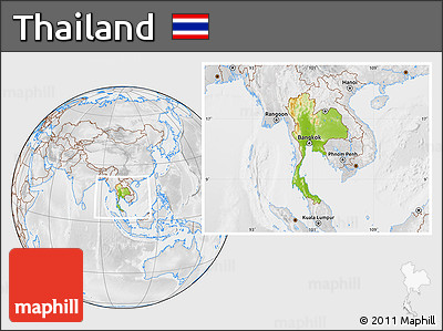 Physical Location Map of Thailand, lighten, desaturated