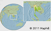 Physical Location Map of Thailand, savanna style outside, hill shading