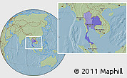 Political Location Map of Thailand, savanna style outside, hill shading