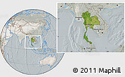 Satellite Location Map of Thailand, lighten, semi-desaturated