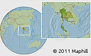 Satellite Location Map of Thailand, savanna style outside, hill shading