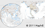 Shaded Relief Location Map of Thailand, lighten, desaturated