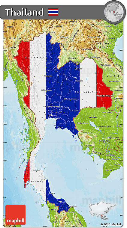 Flag Map of Thailand, physical outside, bathymetry sea, flag rotated