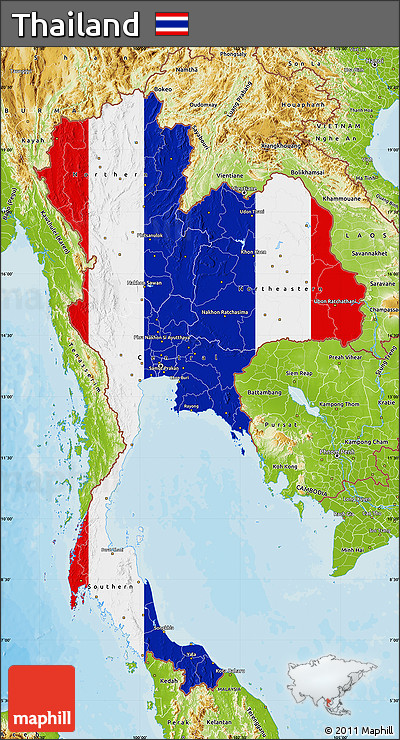 Flag Map of Thailand, physical outside, bathymetry sea, flag rotated