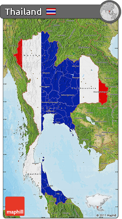 Flag Map of Thailand, satellite outside, bathymetry sea, flag aligned to the middle