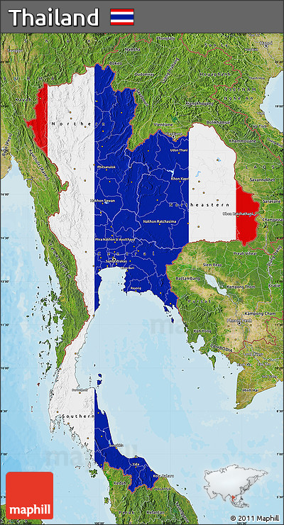 Flag Map of Thailand, satellite outside, bathymetry sea, flag aligned to the middle