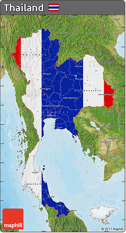 Flag Map of Thailand, satellite outside, bathymetry sea, flag aligned to the middle