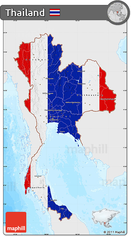 Flag Map of Thailand, single color outside, bathymetry sea, flag rotated