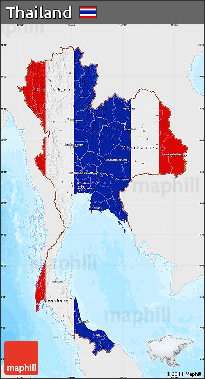 Flag Map of Thailand, single color outside, bathymetry sea, flag rotated