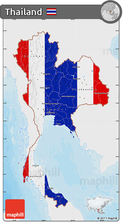 Flag Map of Thailand, single color outside, bathymetry sea, shaded relief sea, flag rotated