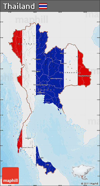 Flag Map of Thailand, single color outside, bathymetry sea, shaded relief sea, flag rotated