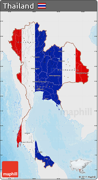 Flag Map of Thailand, single color outside, bathymetry sea, shaded relief sea, flag rotated