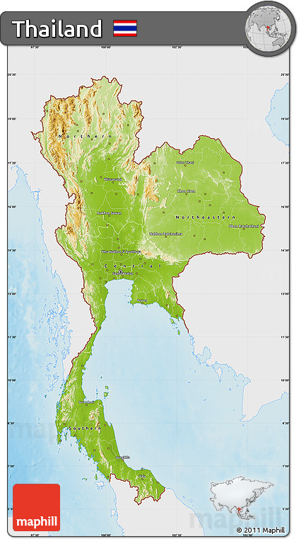 Physical Map of Thailand, single color outside
