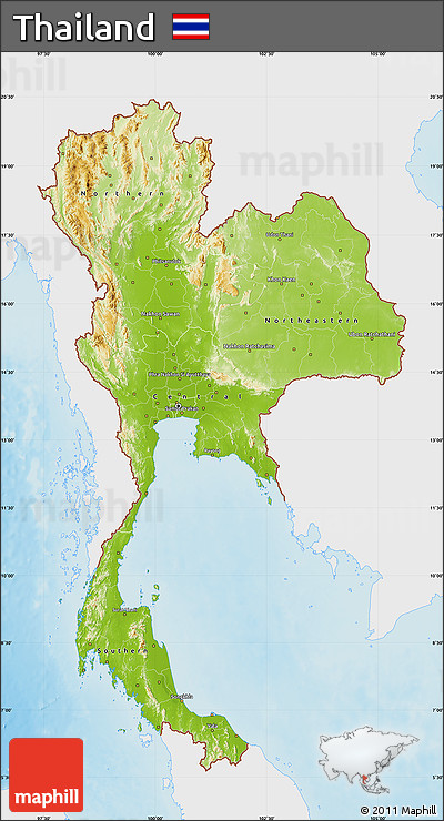 Physical Map of Thailand, single color outside