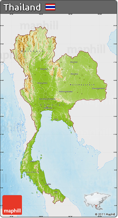 Physical Map of Thailand, single color outside