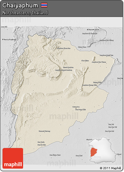 Shaded Relief 3D Map of Chaiyaphum, desaturated
