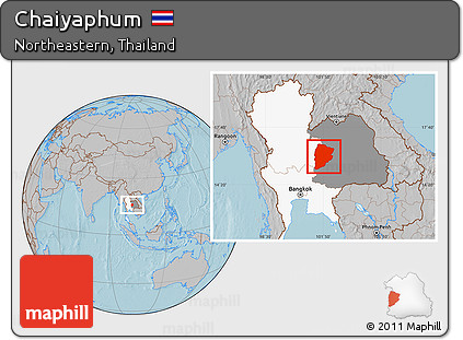 Gray Location Map of Chaiyaphum, highlighted country, highlighted parent region, hill shading