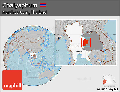 Gray Location Map of Chaiyaphum, highlighted country, highlighted parent region, hill shading