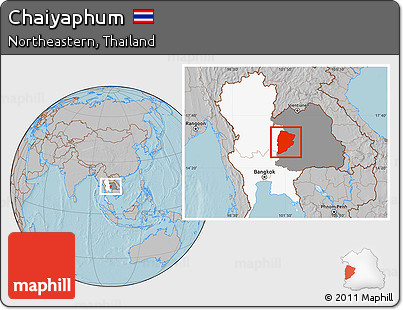 Gray Location Map of Chaiyaphum, highlighted country, highlighted parent region, hill shading