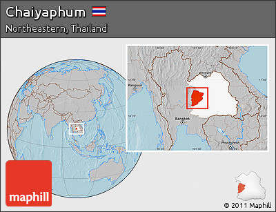 Gray Location Map of Chaiyaphum, highlighted parent region, hill shading