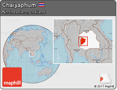 Gray Location Map of Chaiyaphum, highlighted parent region, hill shading