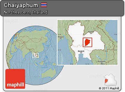 Savanna Style Location Map of Chaiyaphum, highlighted country, hill shading